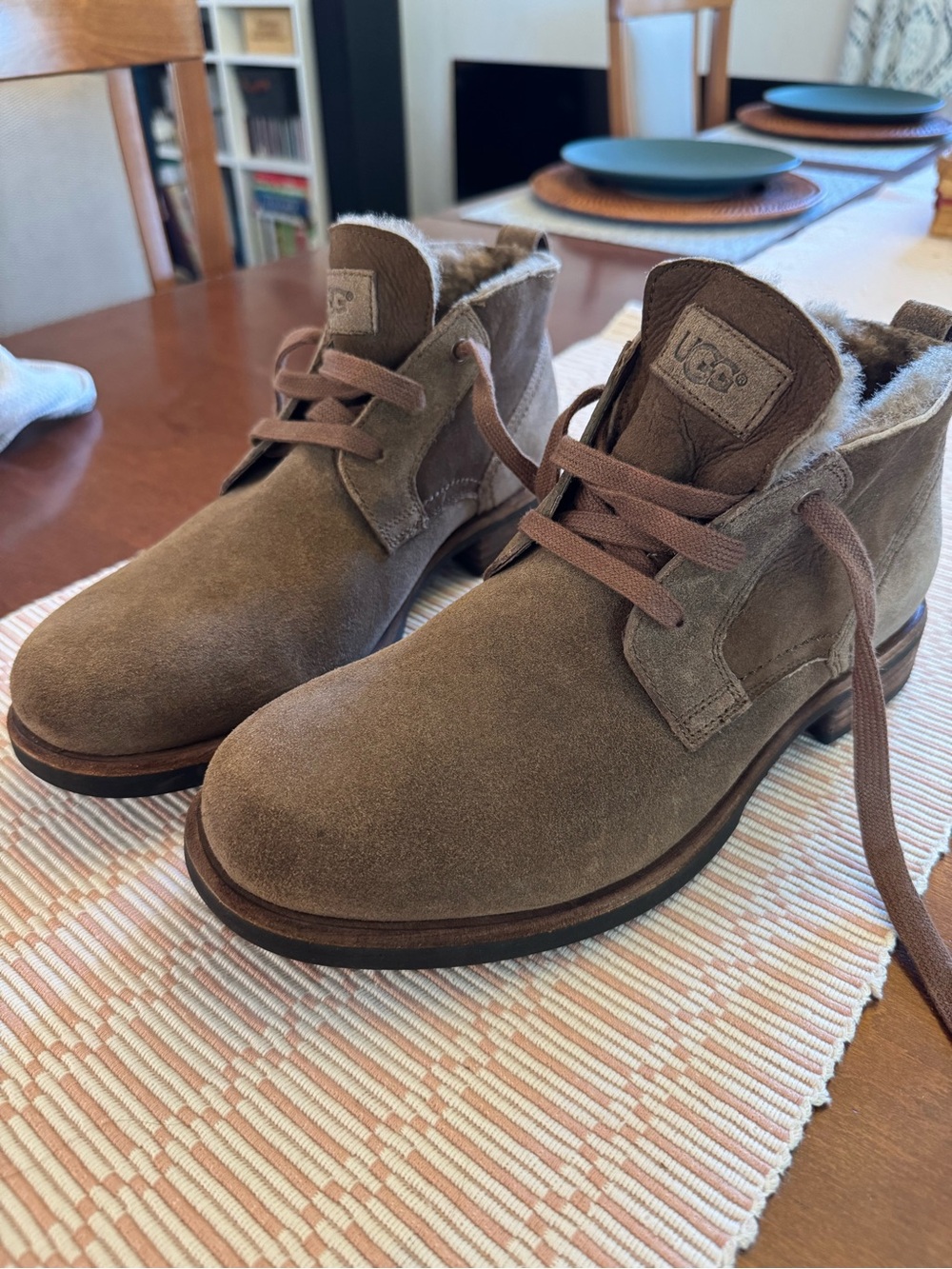 New UGG Men's Taupe Suede Chukka Boots with Shearling Collar